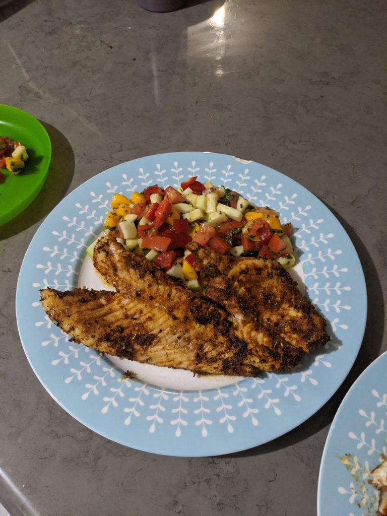 Blackened snapper with minty zucchini, mango and tomato salad. 1